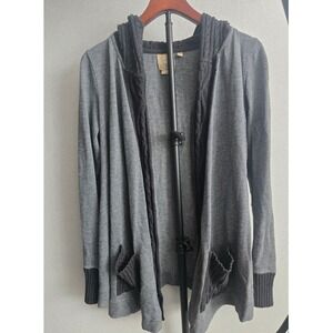VANESSA VIRGINIA Anthro Grey Herringbone Knit Hood Open Front Cardigan Sweater L